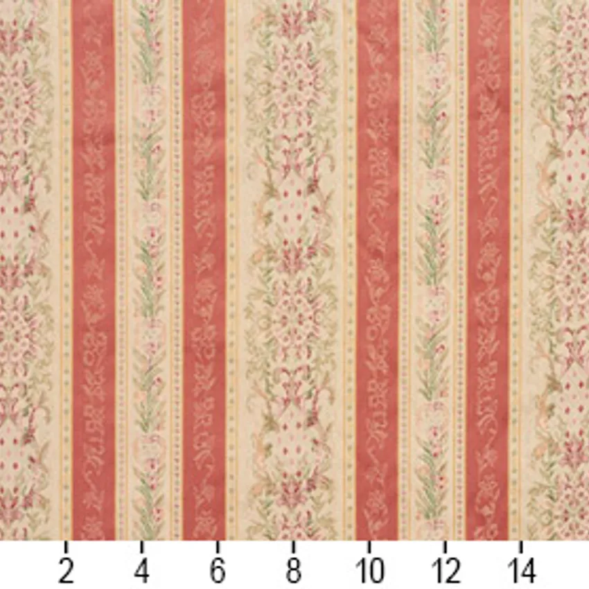 Prairie Rose Beige and Coral Pink Heirloom Floral Stipe Brocade Upholstery Fabric — Scale in inches