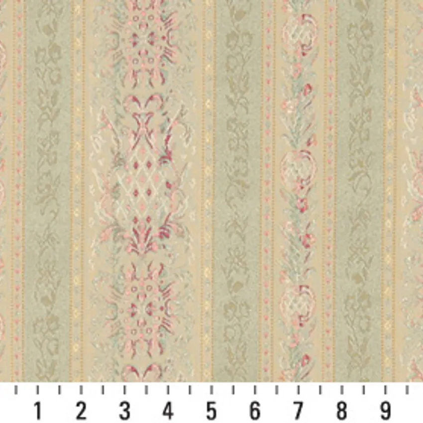 Willow Beige and Light Green Heirloom Floral  Brocade Stripe Upholstery Fabric — Scale in inches