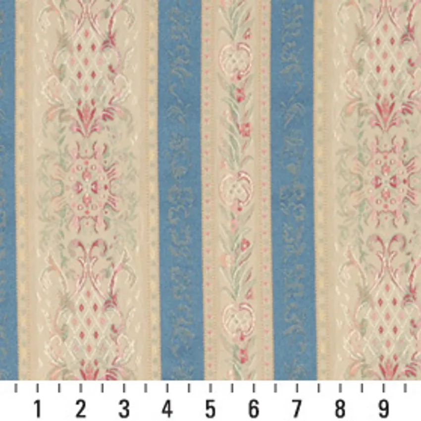 French Blue Beige and Light Blue Heirloom Brocade Upholstery Fabric by the Yard — Scale in inches