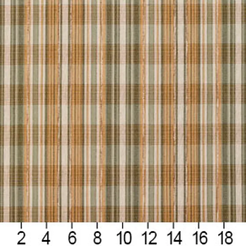 Gold and Light Green Plaid  Linen Upholstery Fabric — Scale in inches