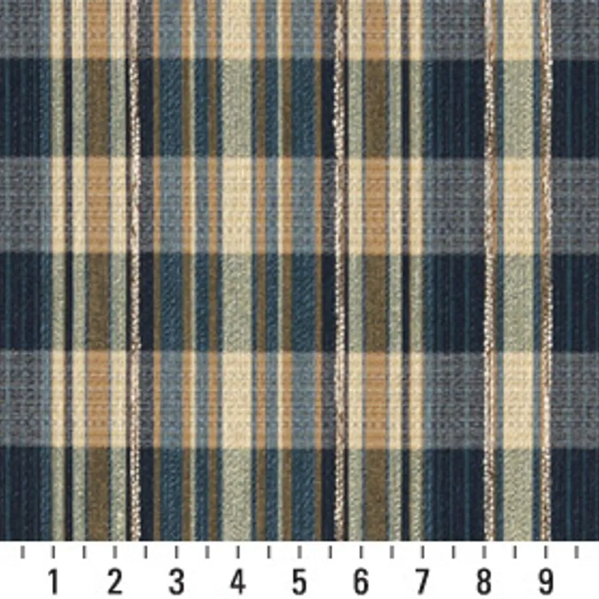Beige and Dark Blue Plaid  Linen Upholstery Fabric — Scale in inches