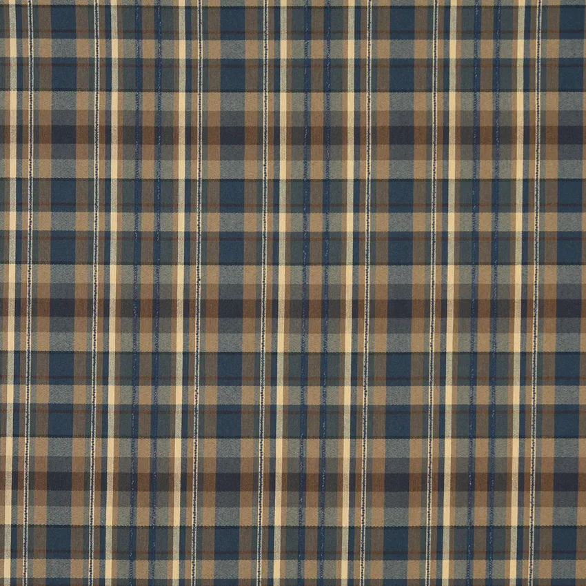 Tan Beige and Dark Blue Country Plaid Linen Upholstery Fabric
