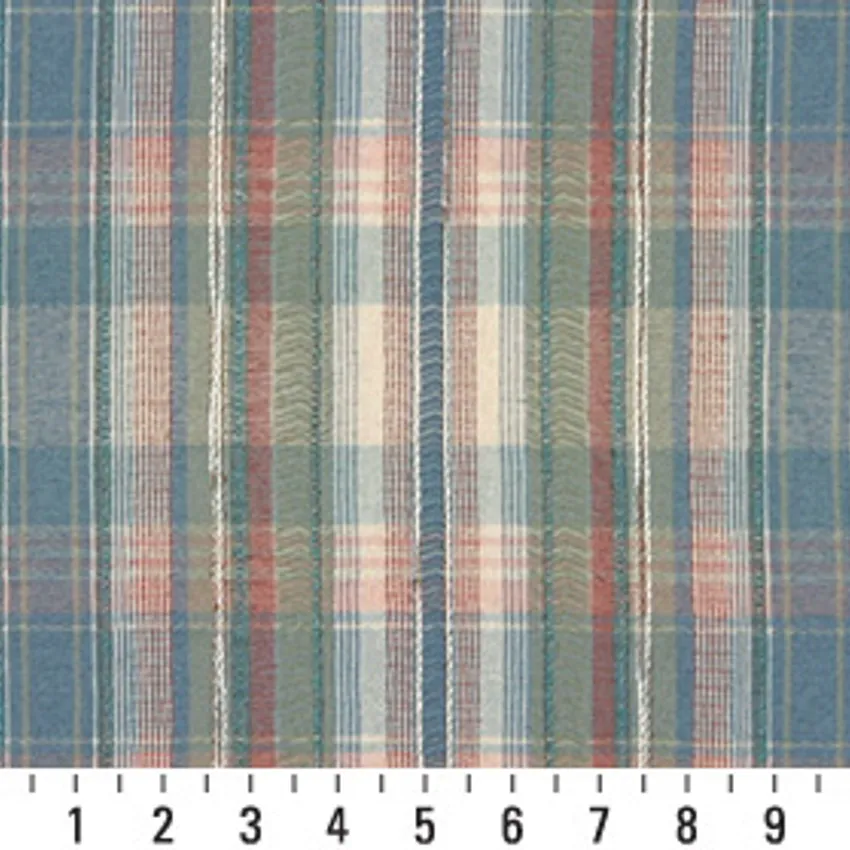Wedgewood Light Blue and Coral Plaid Linen Upholstery Fabric by the Yard — Scale in inches