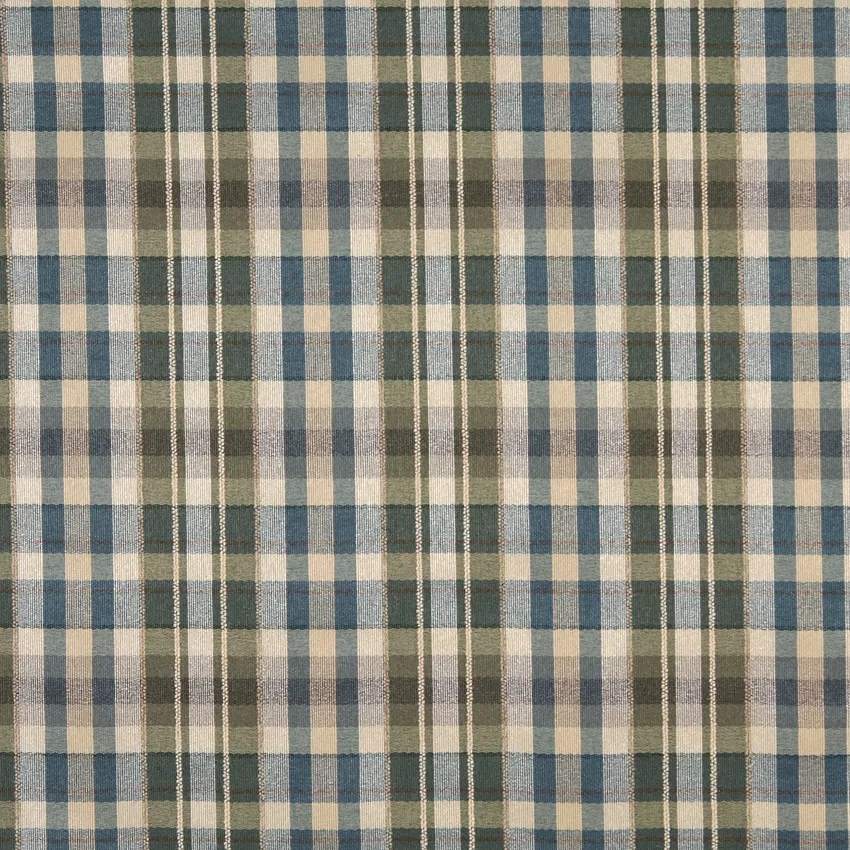 Meadow Beige Green and Dark Blue Country Plaid  Linen Upholstery Fabric