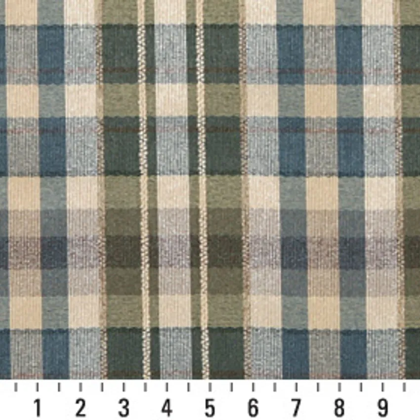 Meadow Beige Green and Dark Blue Country Plaid  Linen Upholstery Fabric — Scale in inches