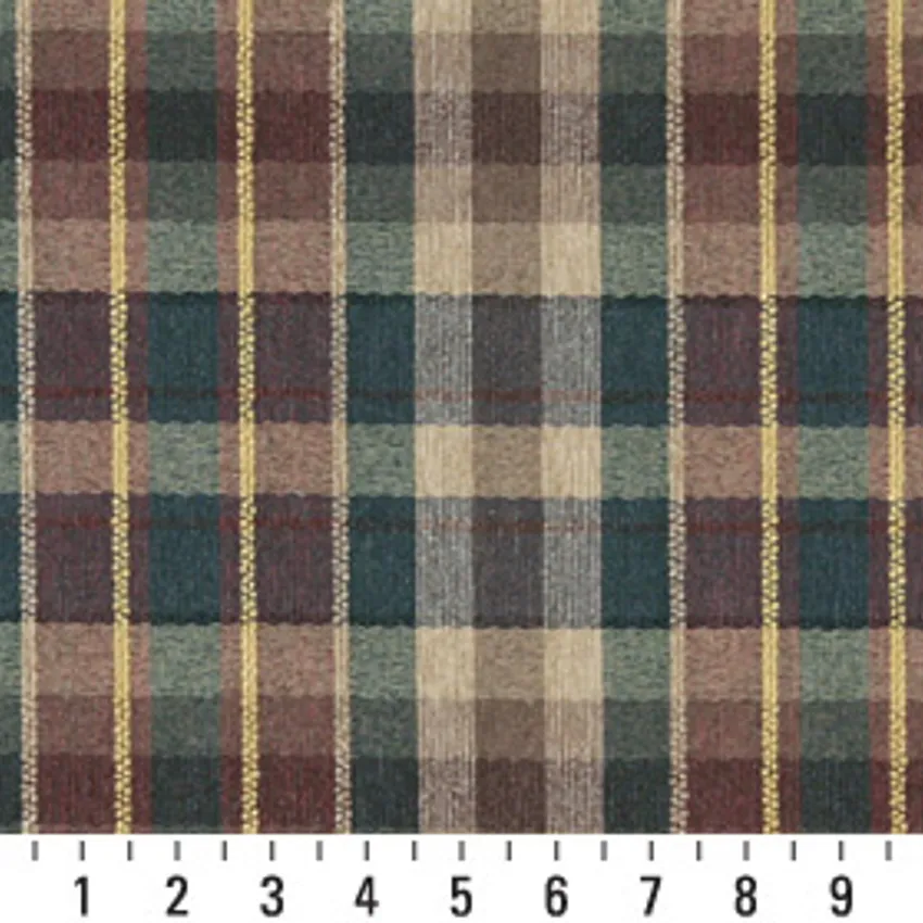Forest Green and Beige Tan  Country Plaid Linen Upholstery Fabric — Scale in inches