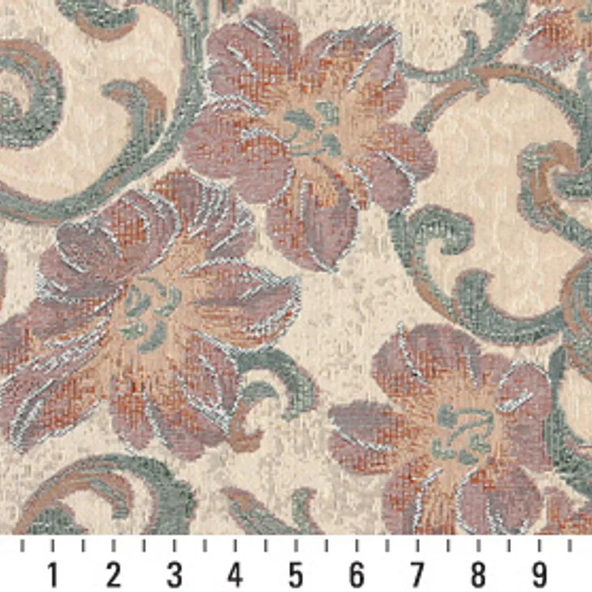 Praline Beige and Coral Contemporary Tapestry Upholstery Fabric by the Yard — Scale in inches