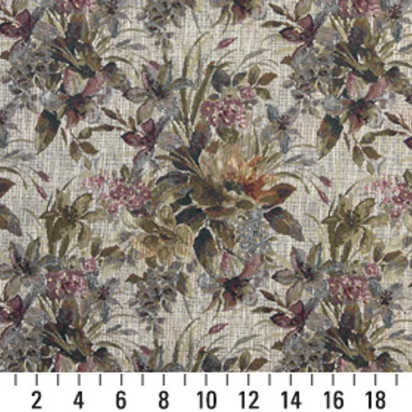 Spice Beige and Burgundy Floral Tapestry Upholstery Fabric by the Yard — Scale in inches