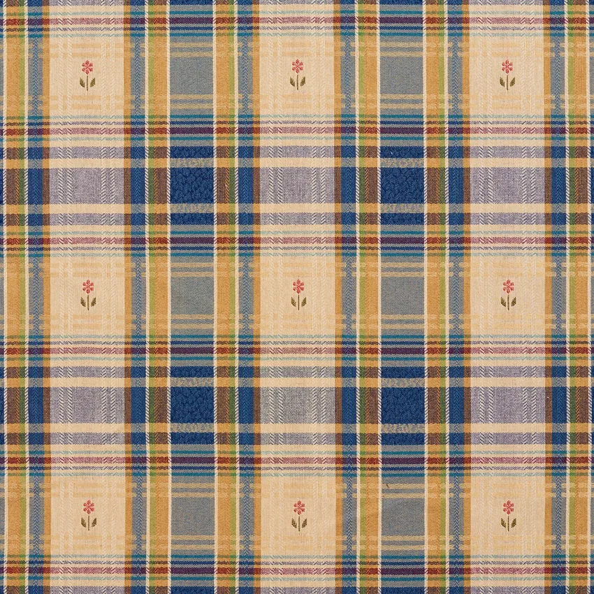 Beige and Dark Blue Country Plaid Damask Upholstery Fabric