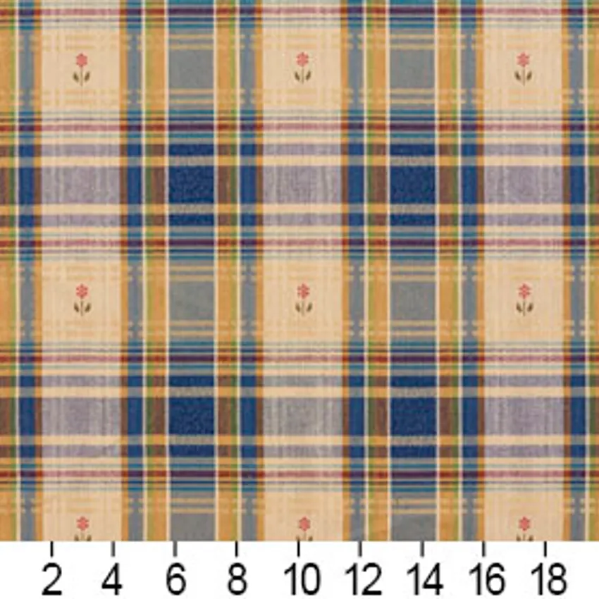 Beige and Dark Blue Country Plaid Damask Upholstery Fabric — Scale in inches