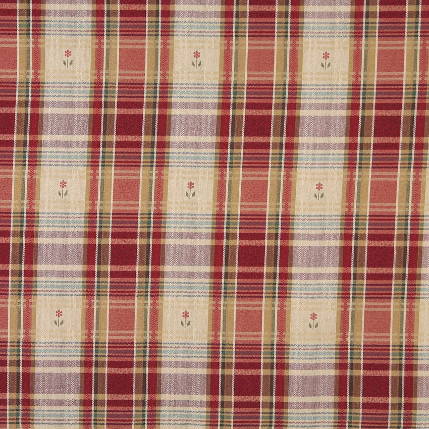 Beige Tan and Burgundy Country Plaid Cabin Damask Upholstery Fabric