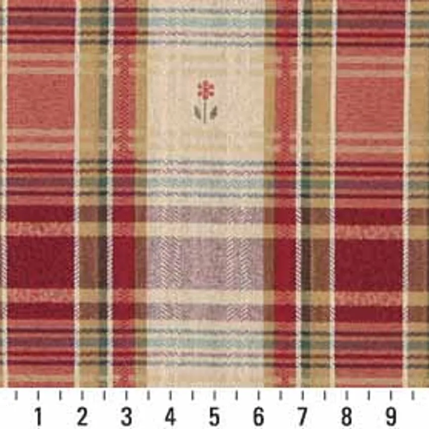 Beige Tan and Burgundy Country Plaid Cabin Damask Upholstery Fabric — Scale in inches