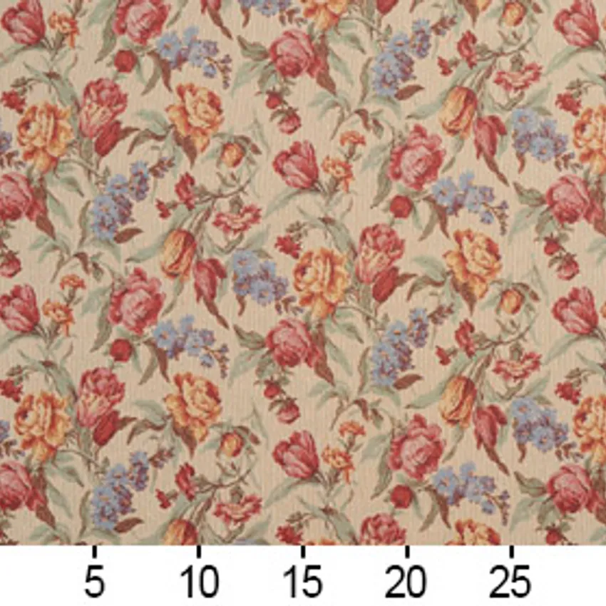 Coral and Pink Gold Floral  Tapestry Upholstery Fabric — Scale in inches