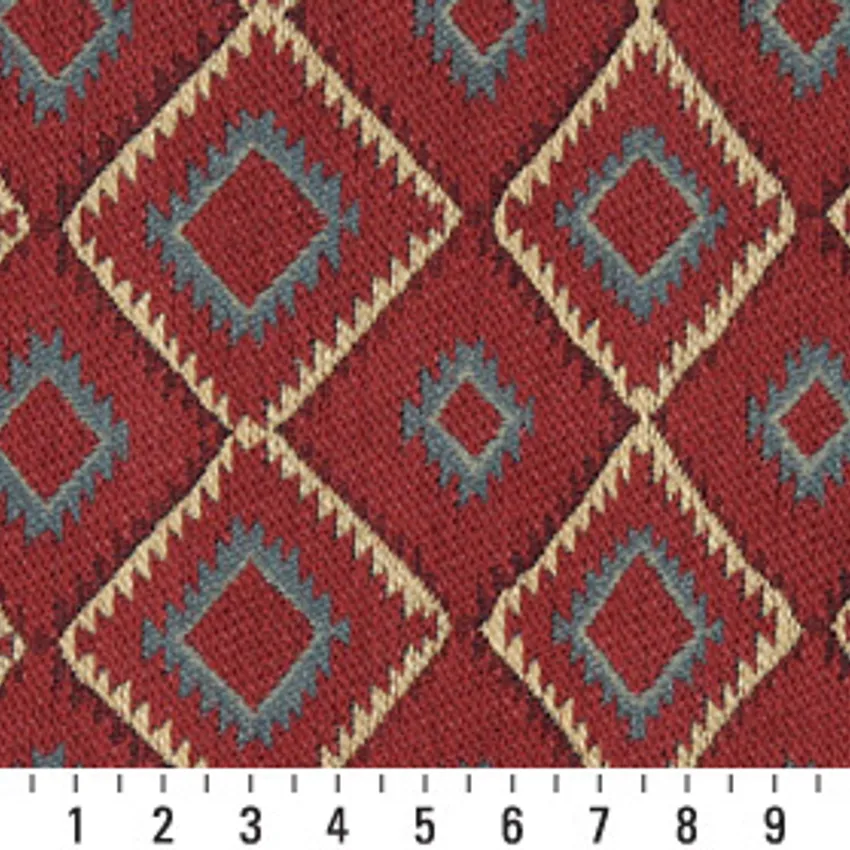 Beige and Burgundy Orange Diamond Vintage Look Cabin Southwestern Chenille Upholstery Fabric — Scale in inches