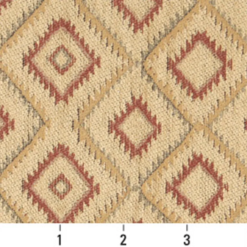 Canyon Beige and Coral Diamond Vintage Look Cabin Southwestern Chenille Upholstery Fabric — Scale in inches