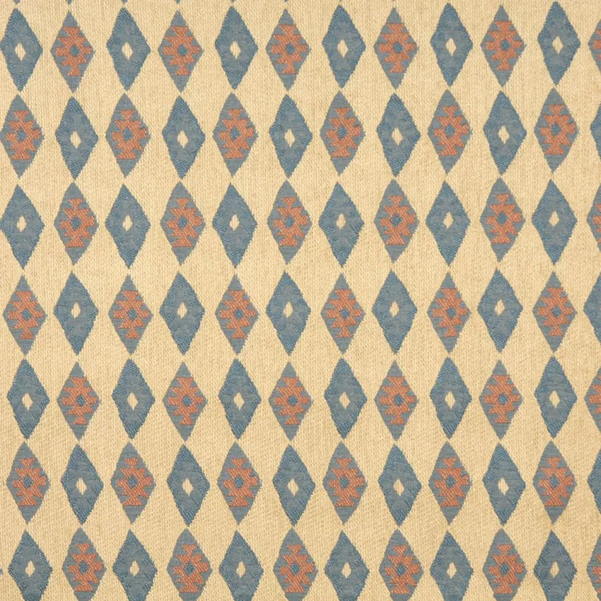 Tan Beige and Coral Blue Vintage Look Cabin Southwestern Chenille Upholstery Fabric