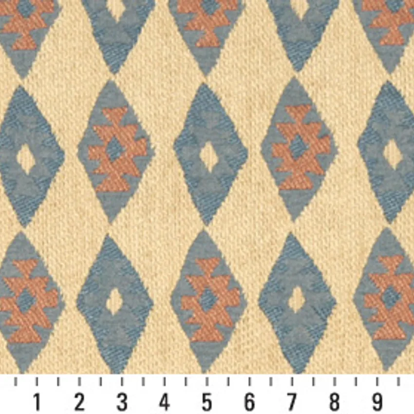 Tan Beige and Coral Blue Vintage Look Cabin Southwestern Chenille Upholstery Fabric — Scale in inches