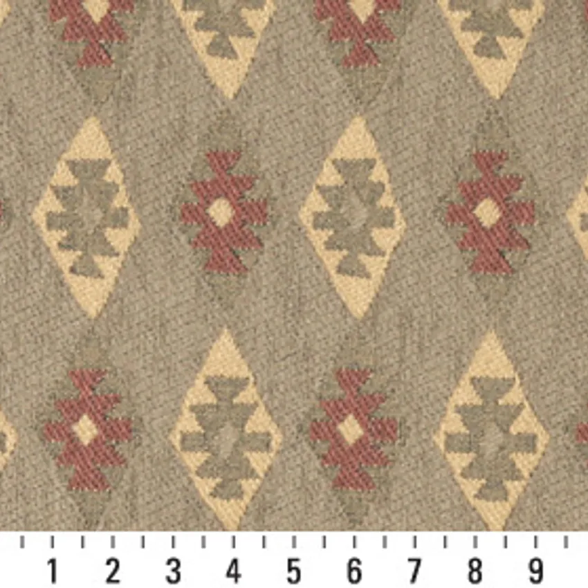 Clay Beige and Burgundy Vintage Look Cabin Southwestern Chenille Upholstery Fabric — Scale in inches
