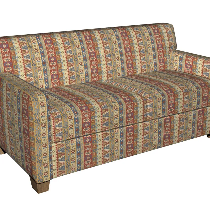 Beige and Coral Blue Sapphire  Aztec Cabin Southern Chenille Upholstery Fabric — Fabric on furniture