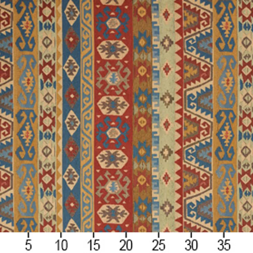 Beige and Coral Blue Sapphire  Aztec Cabin Southern Chenille Upholstery Fabric — Scale in inches