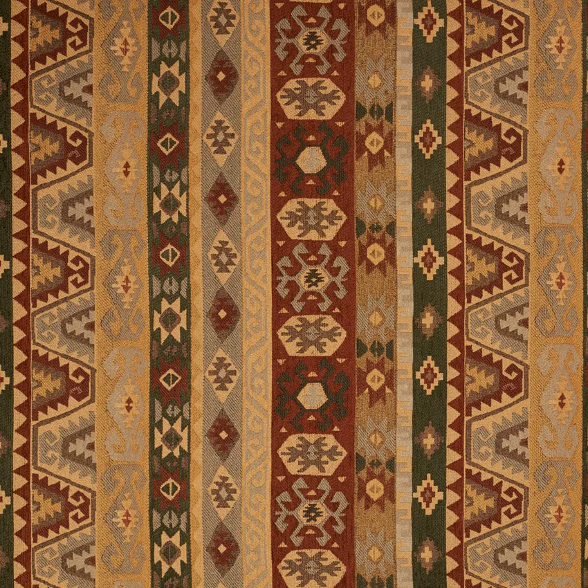 Gold and Green and Red  Coral Aztec Cabin Southern Chenille Upholstery Fabric