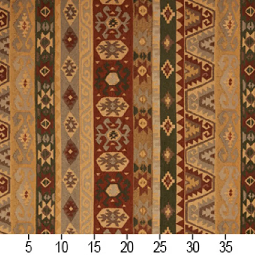 Gold and Green and Red  Coral Aztec Cabin Southern Chenille Upholstery Fabric — Scale in inches