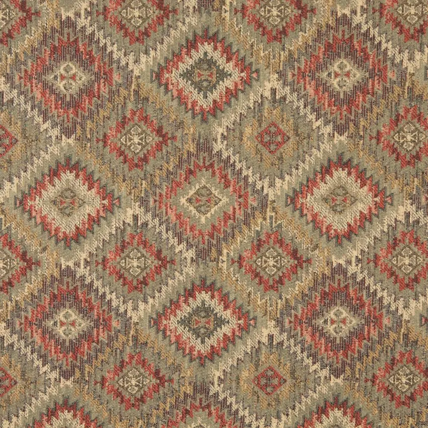 Mint Green and Beige and Coral Navajo Southwestern Abstract  Chenille Upholstery Fabric