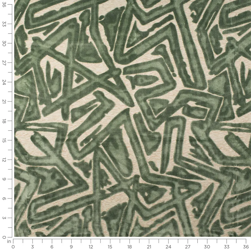 Alani Eucalyptus Green Abstract & Geometric Velvet Upholstery Fabric by the Yard — Scale in inches