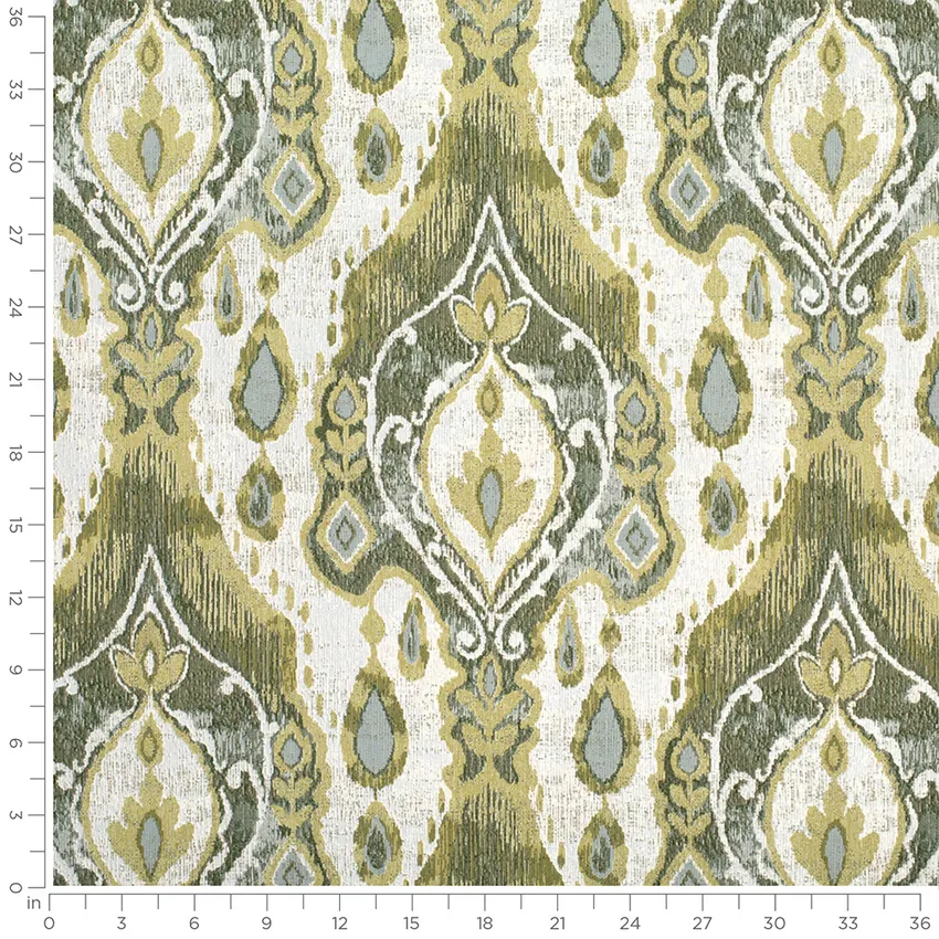 Anna Avocado Green Damask Woven Patterns Upholstery Fabric by the Yard — Scale in inches