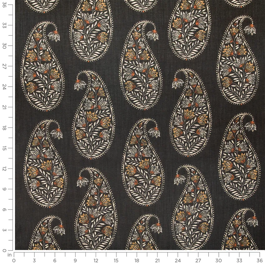 Ariana Pitch Black Abstract & Geometric Linen & Linen Looks Drapery and Upholstery Fabric by the Yard — Scale in inches