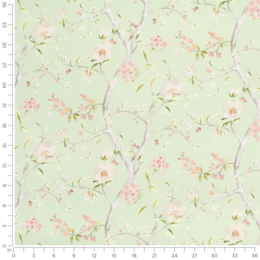 Avalon Celadon Green Floral Prints Drapery and Upholstery Fabric by the Yard — Scale in inches