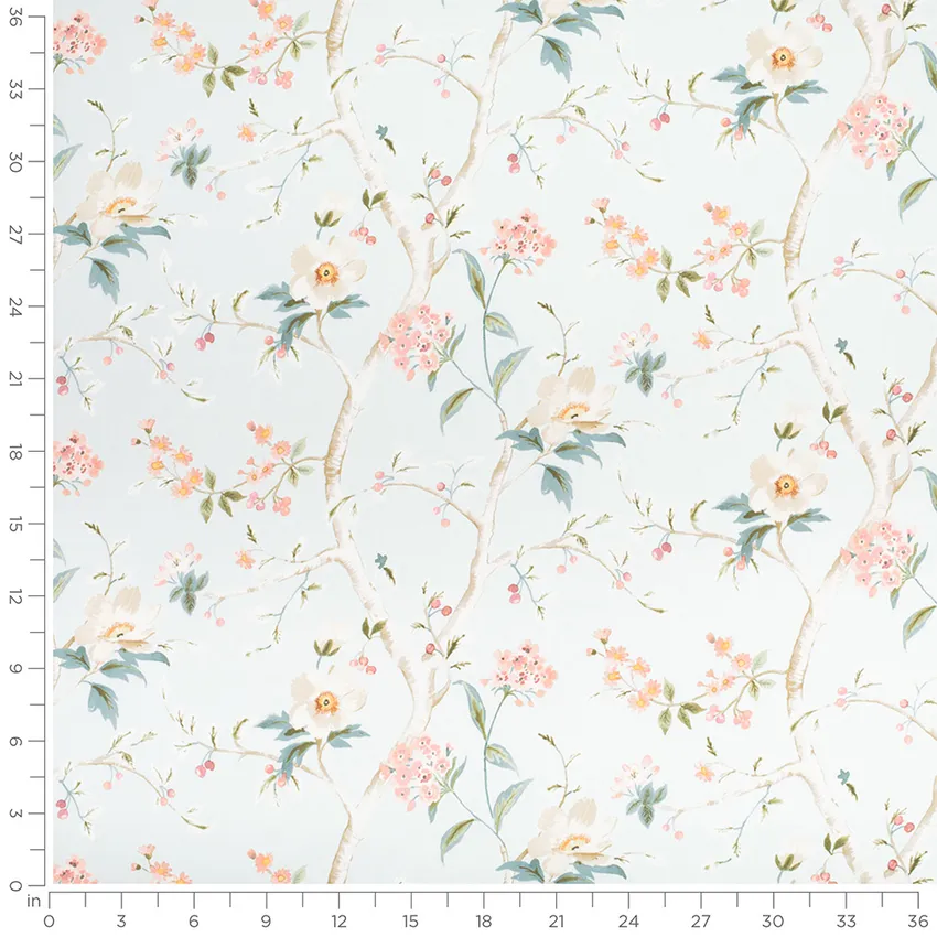 Avalon Bluebird Blue and Pink Floral Prints Drapery and Upholstery Fabric by the Yard — Scale in inches