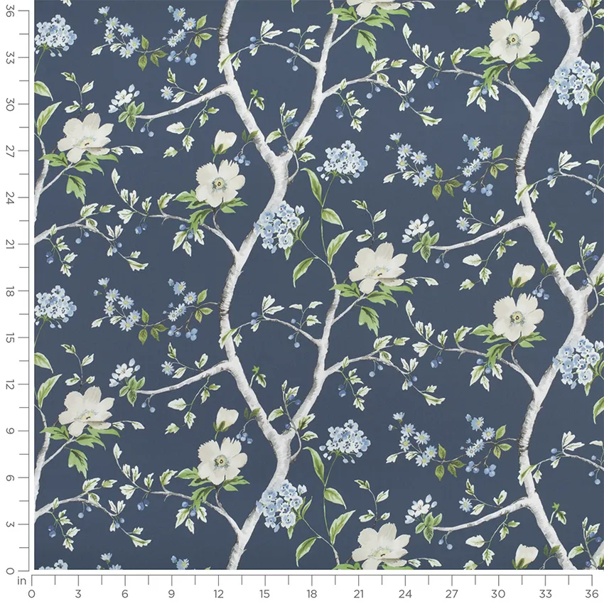 Avalon Ink Blue Floral Prints Drapery and Upholstery Fabric by the Yard — Scale in inches