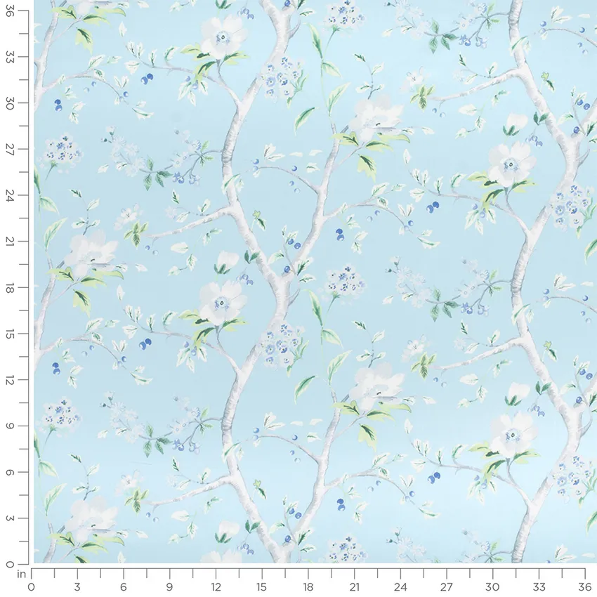 Avalon Azure Blue Floral Prints Drapery and Upholstery Fabric by the Yard — Scale in inches