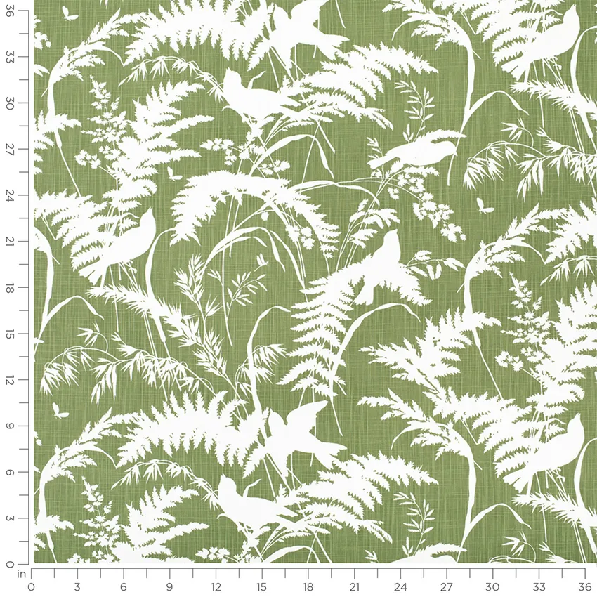 Avery Palm Green Birds Prints Drapery and Upholstery Fabric by the Yard — Scale in inches