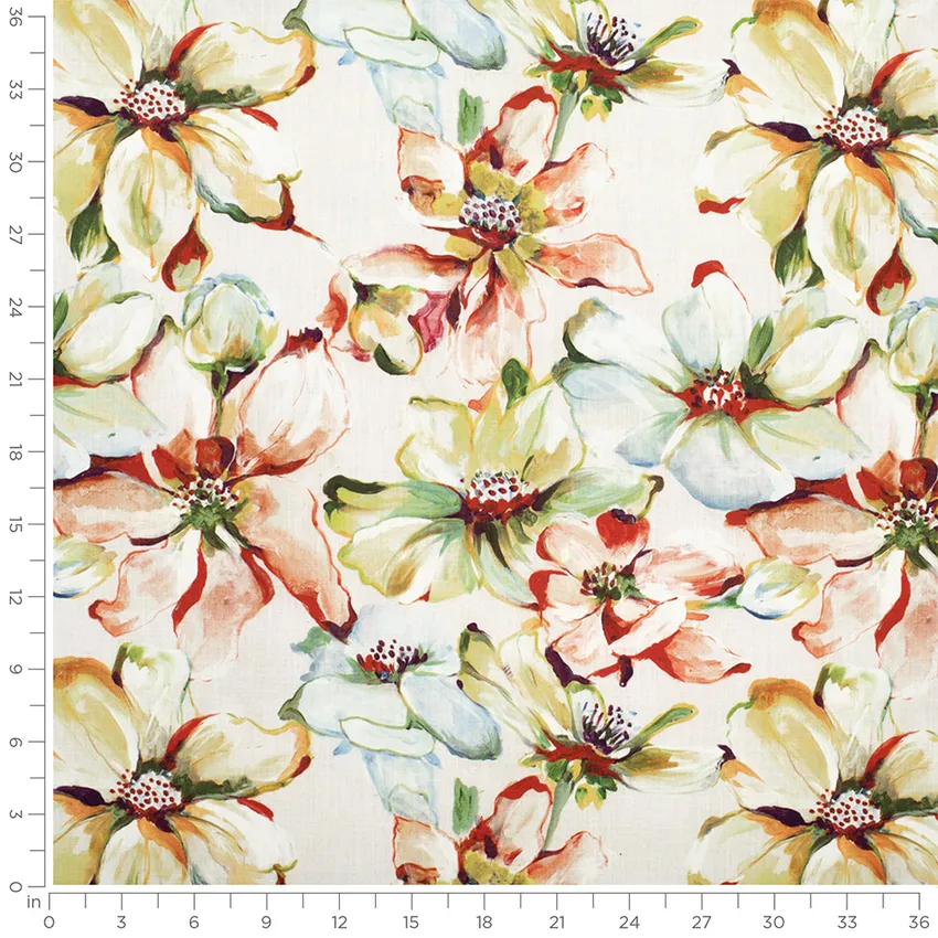 Beatrice Bloom Red & Burgundy Floral Prints Drapery and Upholstery Fabric by the Yard — Scale in inches