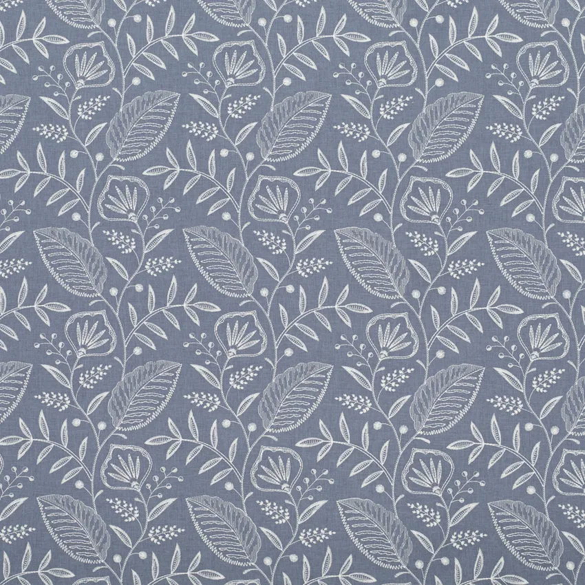 Clarissa Wedgewood Blue Floral Embroidery Drapery and Upholstery Fabric by the Yard