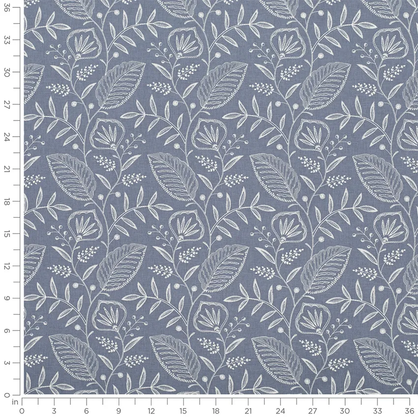Clarissa Wedgewood Blue Floral Embroidery Drapery and Upholstery Fabric by the Yard — Scale in inches