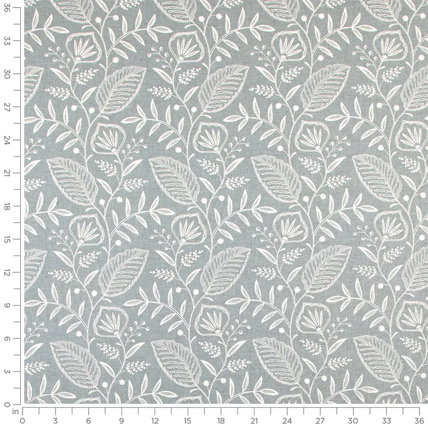 Clarissa Seabreeze Blue Floral Embroidery Drapery and Upholstery Fabric by the Yard — Scale in inches