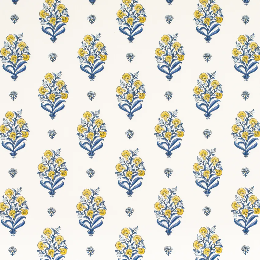 Cora Lapis Blue and Gold & Yellow Floral Prints Drapery and Upholstery Fabric by the Yard