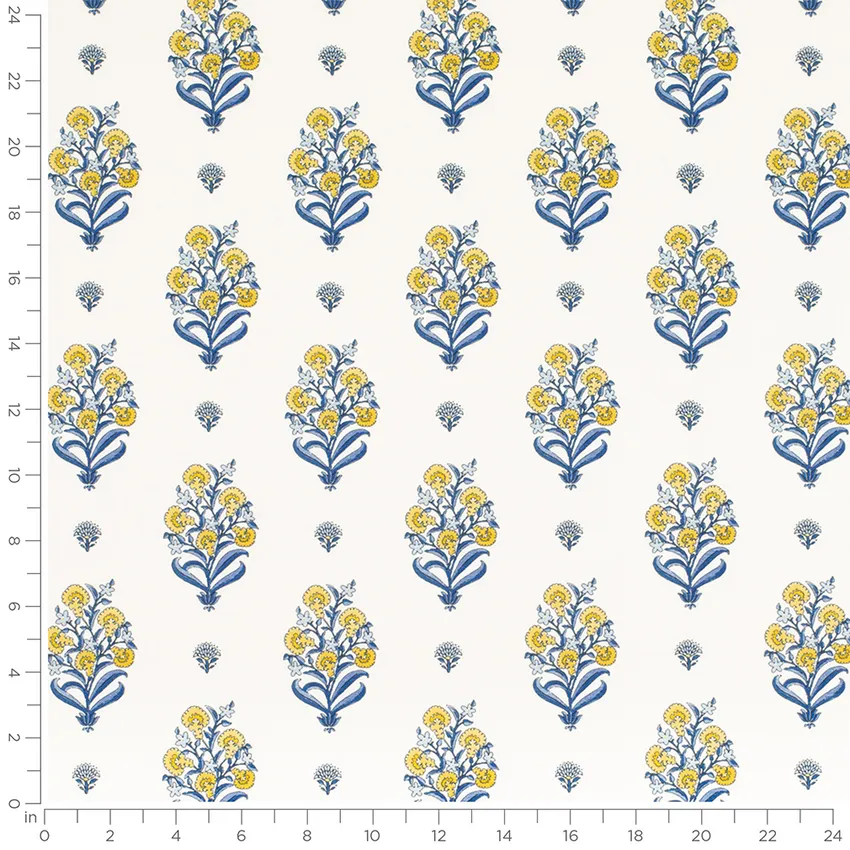 Cora Lapis Blue and Gold & Yellow Floral Prints Drapery and Upholstery Fabric by the Yard — Scale in inches