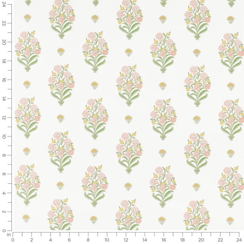 Cora Bloom Coral & Peach and Green Floral Prints Drapery and Upholstery Fabric by the Yard — Scale in inches