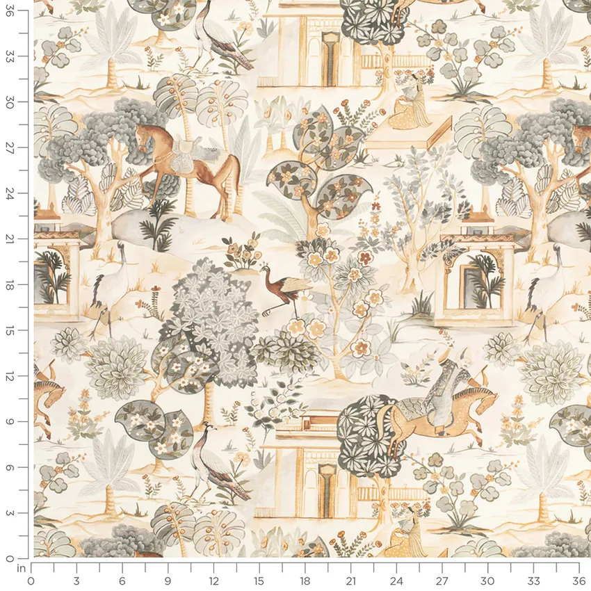Daria Antique Brown and Grey & Silver Global Prints Drapery and Upholstery Fabric by the Yard — Scale in inches