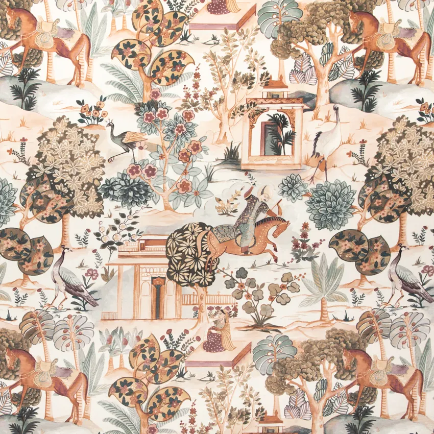 Daria Umber Coral & Peach and Green Global Prints Drapery and Upholstery Fabric by the Yard