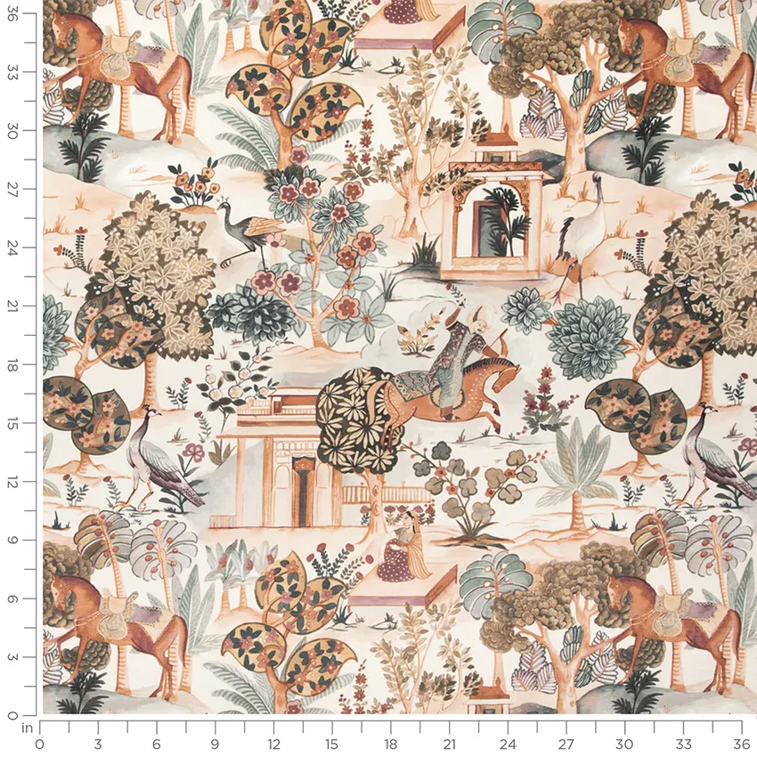 Daria Umber Coral & Peach and Green Global Prints Drapery and Upholstery Fabric by the Yard — Scale in inches