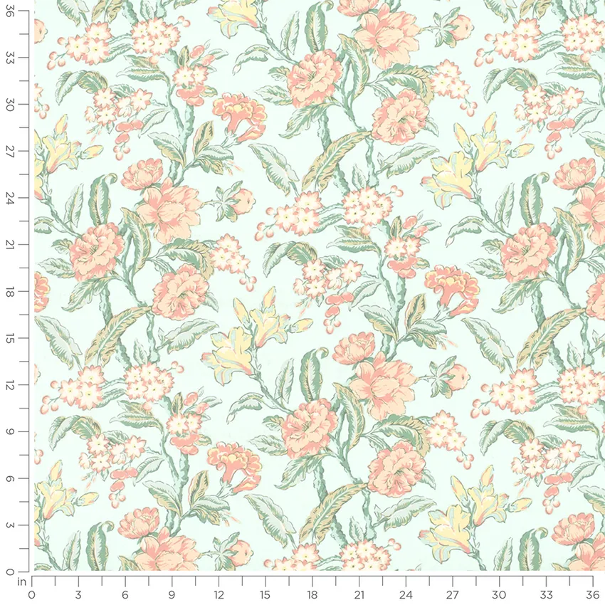 Eloise Aqua & Teal Floral Linen & Linen Looks Drapery and Upholstery Fabric by the Yard — Scale in inches