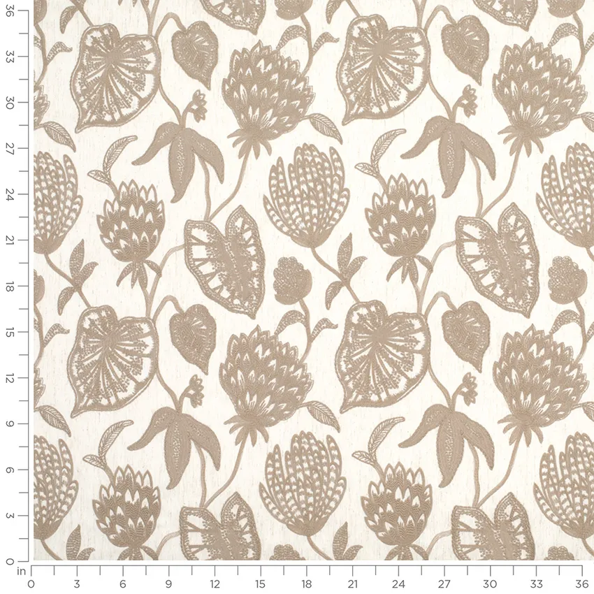 Emily Khaki Brown and Neutral Floral Embroidery Drapery and Upholstery Fabric by the Yard — Scale in inches