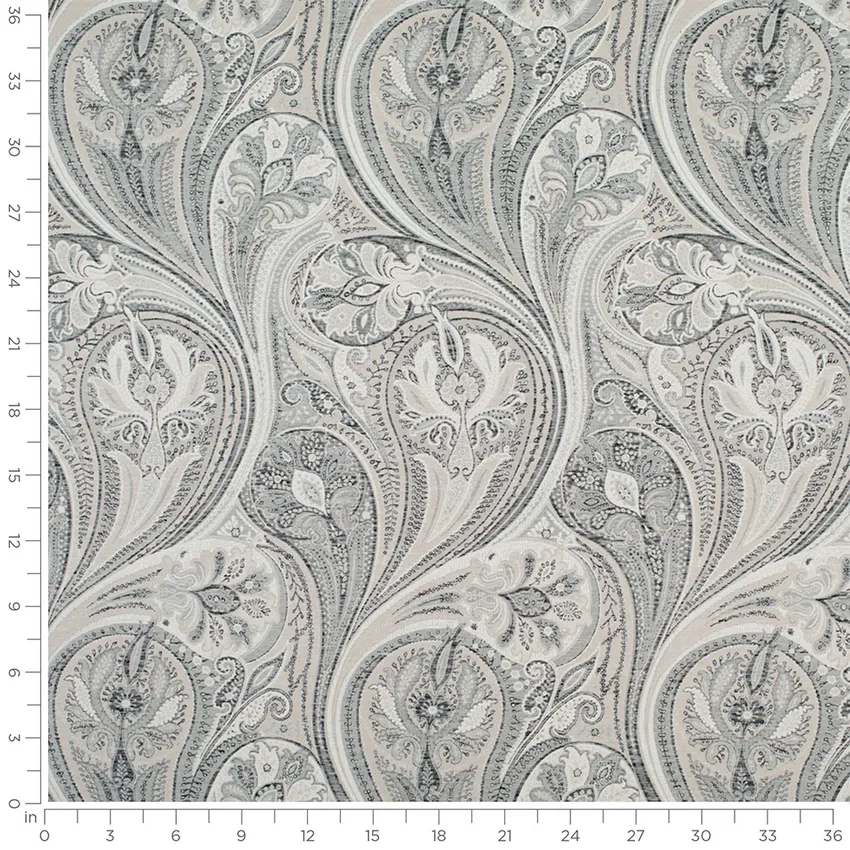 Estella Carbon Grey & Silver Paisley Linen & Linen Looks Drapery and Upholstery Fabric by the Yard — Scale in inches
