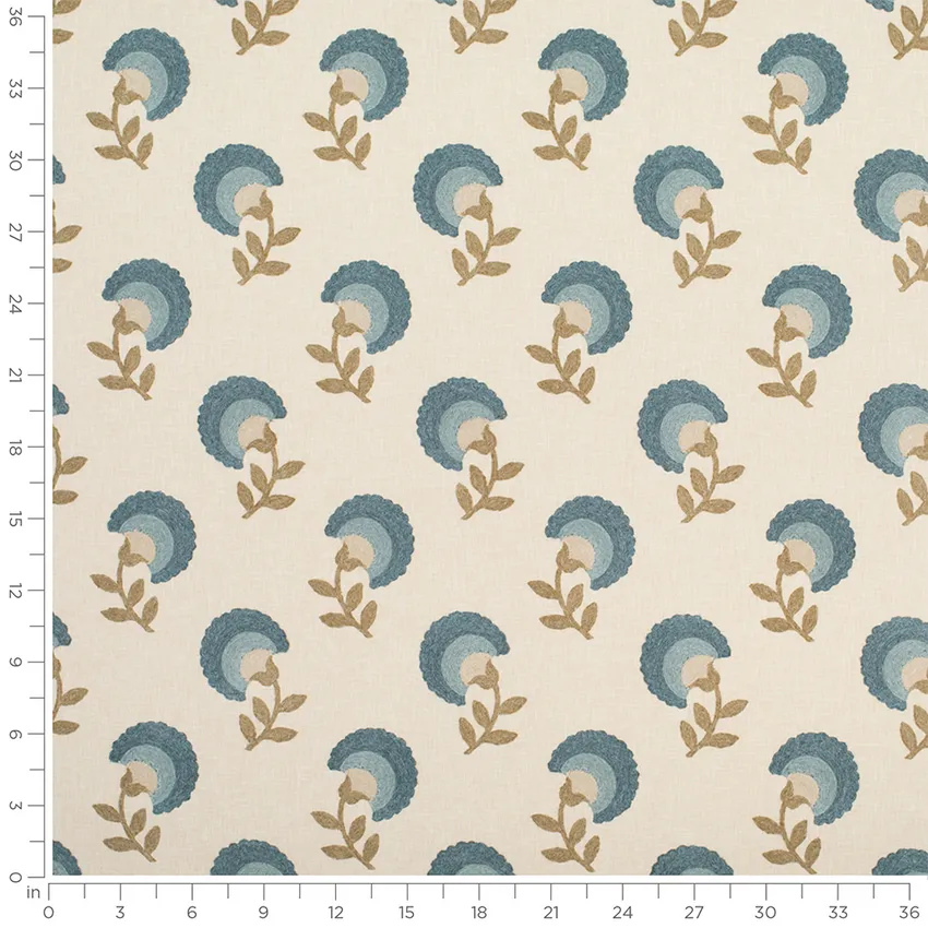 Evangeline Spa Blue Floral Embroidery Drapery and Upholstery Fabric by the Yard — Scale in inches