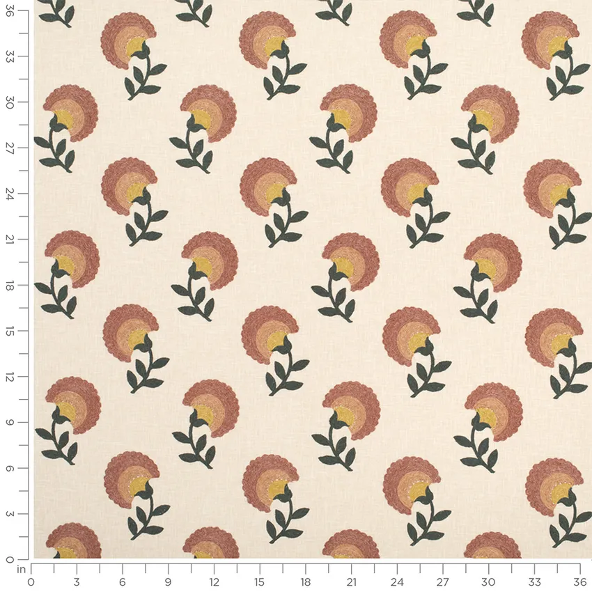 Evangeline Coral Pink Floral Embroidery Drapery and Upholstery Fabric by the Yard — Scale in inches
